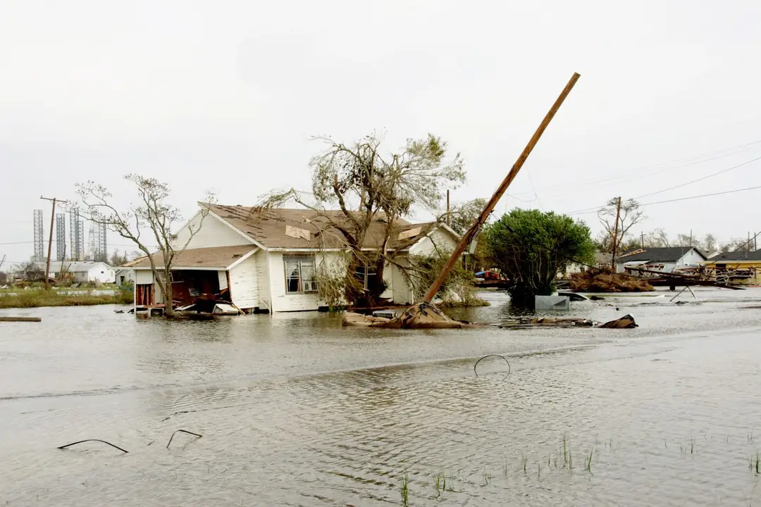 Flooded house in Port Arthur, Texas after Hurricane Rita, surrounded by uprooted trees and a leaning utility pole