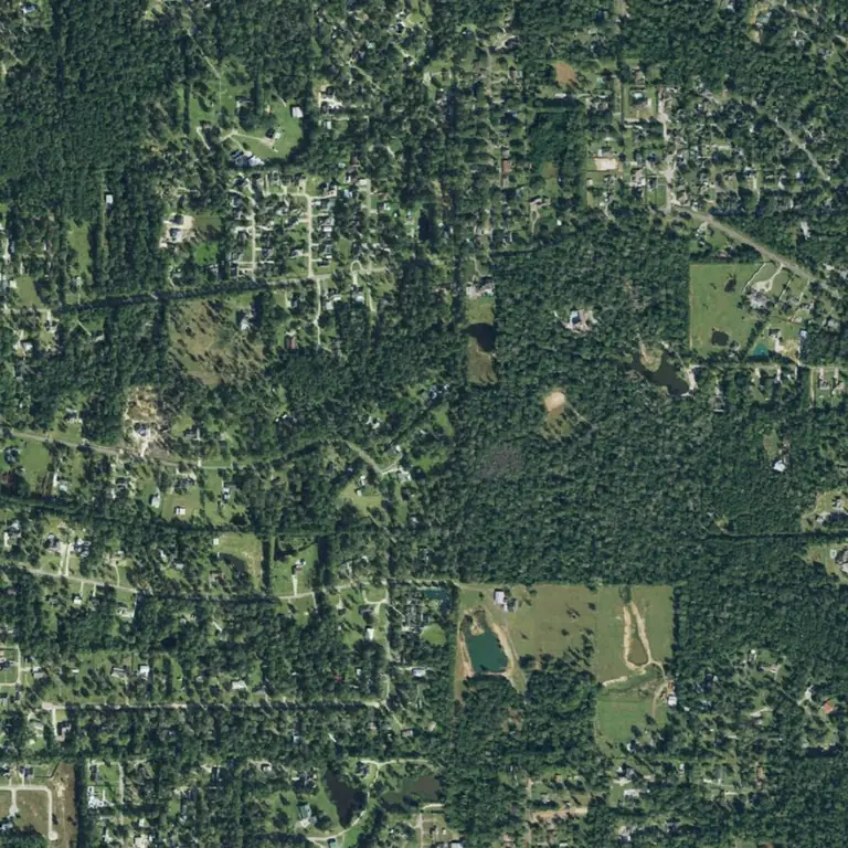 Aerial photo of a wooded tract near Lumberton in Hardin County, Texas: solid tree canopy with a few clearings and homes